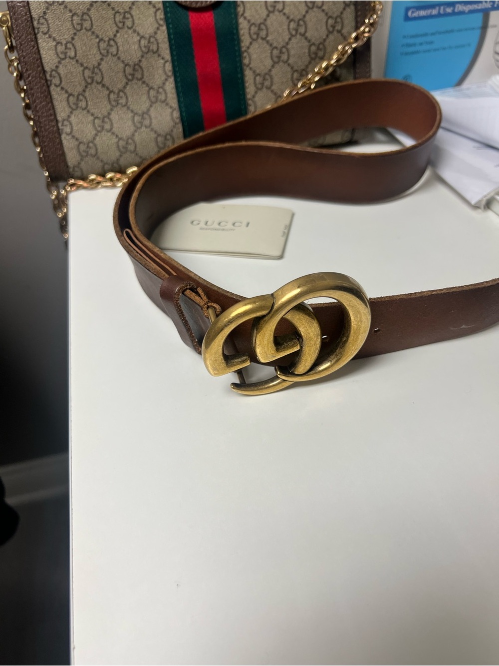 Gucci Brown Leather Belt with Antique Gold Double G Buckle
